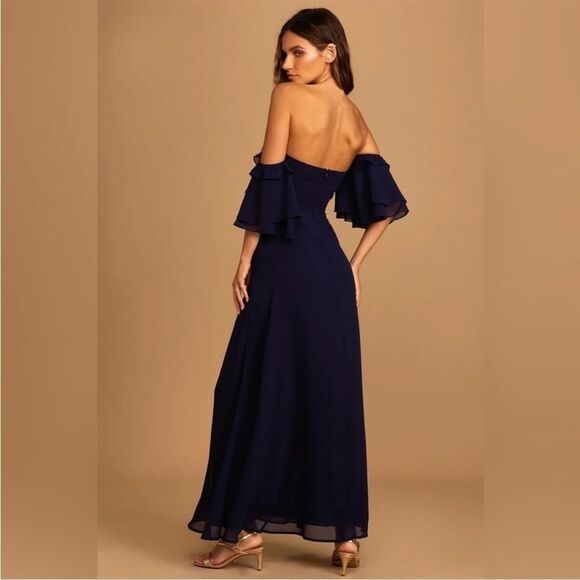 NEW Lulu's Navy Off-the-Shoulder Ruffled Maxi Dress Gown Size Large Party Glam - Picture 5 of 11